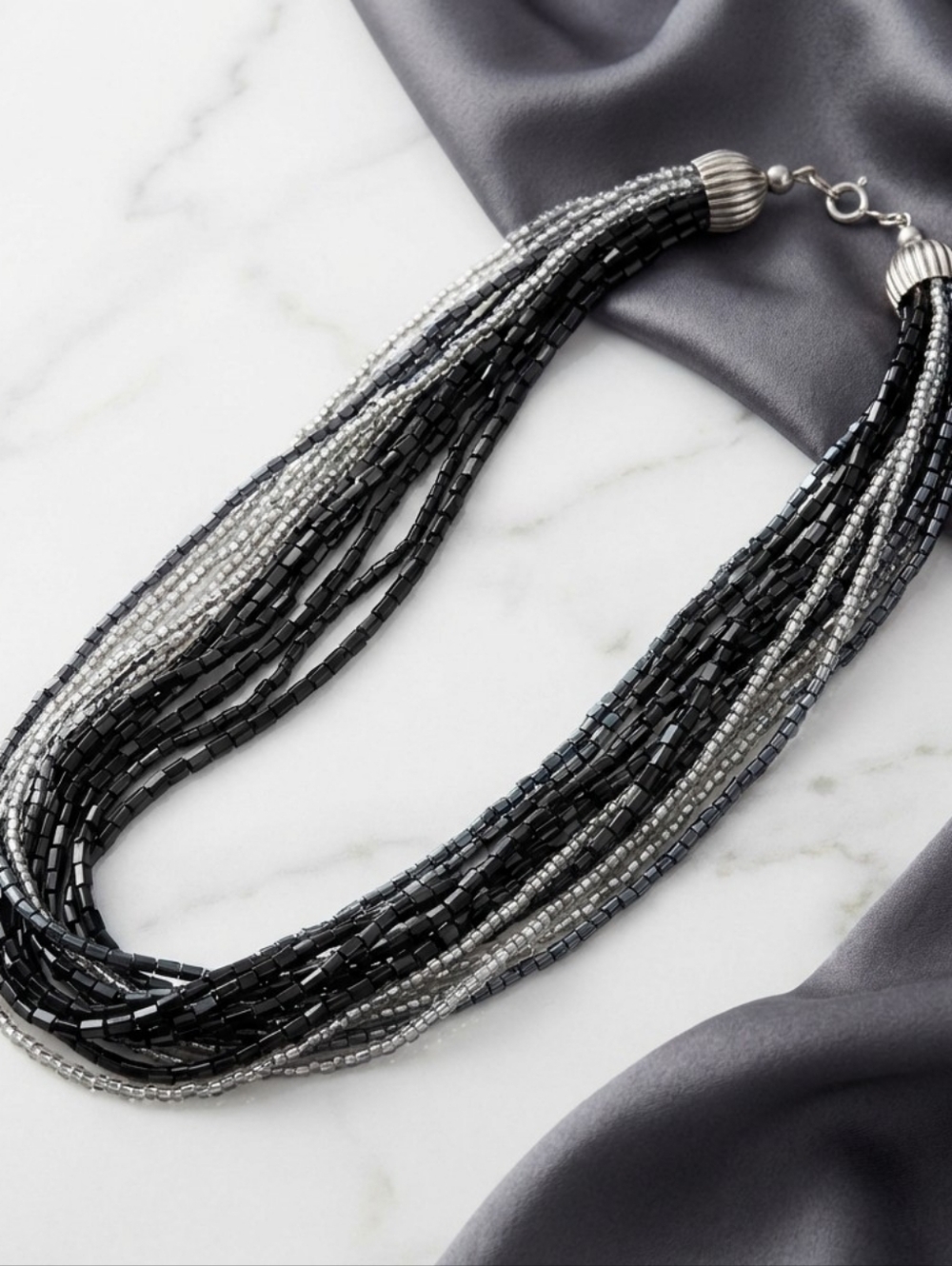 Elegant Multi-Strand Seed Bead Necklace - Black & Silver Tone cns